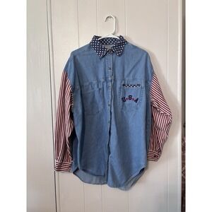 American Quizz Jeans Flag Shirt Medium Denim, Red/White/Blue, 90s Vintage Size18